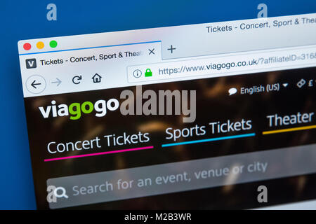 LONDON, Großbritannien - 8. JANUAR 2018: Die Homepage der offiziellen Website für Viagogo - die Online ticket Marktplatz für ticket Weiterverkauf, der am 8. Januar 2018 Stockfoto