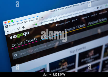 LONDON, Großbritannien - 8. JANUAR 2018: Die Homepage der offiziellen Website für Viagogo - die Online ticket Marktplatz für ticket Weiterverkauf, der am 8. Januar 2018 Stockfoto