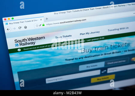 LONDON, Großbritannien - 8. JANUAR 2018: Die Homepage der offiziellen Website des South Western Railway - die englische Train Operating Company, am 8. Januar 20. Stockfoto