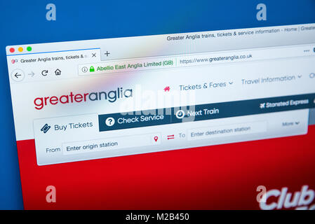 LONDON, Großbritannien - 8. JANUAR 2018: Die Homepage der offiziellen Website für mehr Anglia - der Zug Unternehmen in Großbritannien, am 8. Januar Stockfoto