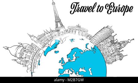 Wahrzeichen skizziert, Europa und Weltweit. Hand Gliederung Grafik für Print Design und Reisen Marketing erstellt Stock Vektor