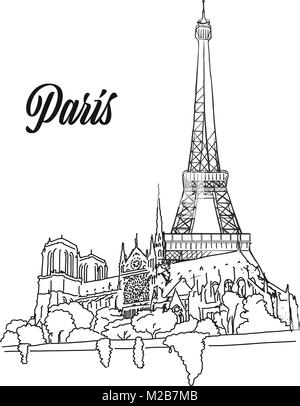 Paris Sehenswürdigkeiten Banner anmelden, Hand gezeichneten Umriss Grafik für Print Design und Marketing Stock Vektor