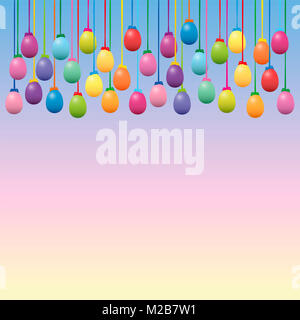 Ostern Eier Sammlung. Bunte hängende Dekoration auf Blau Pink Gelb Gradienten Hintergrund. Stockfoto