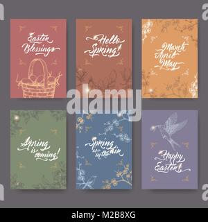 Set von 6 Ostern und Frühjahr ähnliche Multi Color Grußkarten mit Hand gezeichneten Skizzen und Pinsel Kalligraphie. Stock Vektor