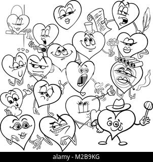 Schwarze und Weiße Cartoon Illustration von Funny Valentines Tag Herzen Zeichen Gruppe Malbuch Stock Vektor