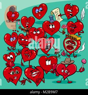 Cartoon Illustration von Funny Valentines Tag Herzen Zeichen Gruppe Stock Vektor