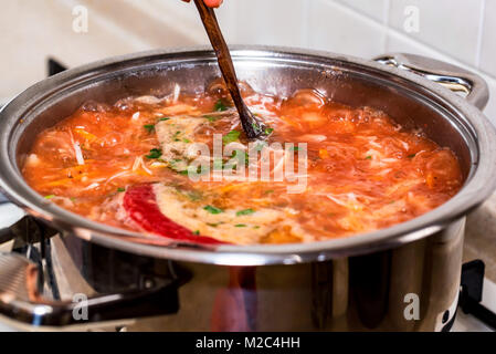 Frisch zubereitete borscht Kochen im Topf schließen Stockfoto