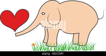 Elefant mit Herzen steht auf dem Gras. Vector Illustration. Stock Vektor