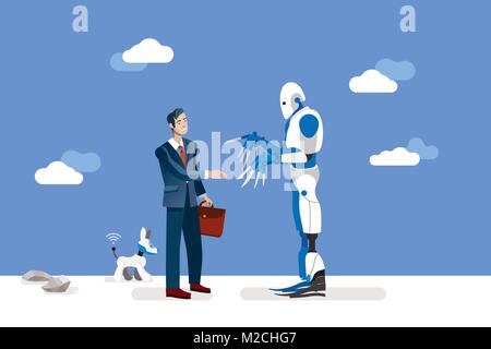 Vector Illustration über künstliche Intelligenz und seine Risiken. Ein Geschäftsmann bietet seine Hand zu einem großen und gefährlichen Android Roboter. Stock Vektor