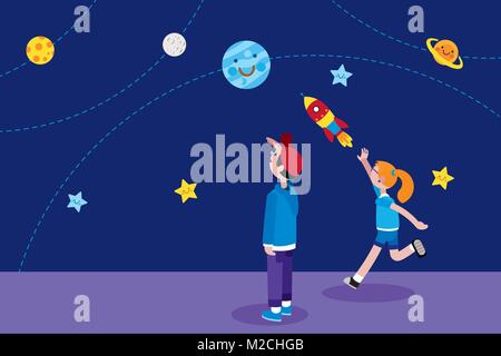 Jungen und Mädchen, die in den Nachthimmel voller Planeten und Sterne. Das Mädchen wirft eine Rakete. Vector Illustration in einem flachen, minimalistischen Stil. Stock Vektor