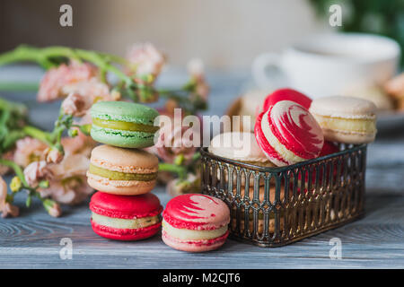 traditionelle französische bunten Macarons in Zeilen in einer box Stockfoto