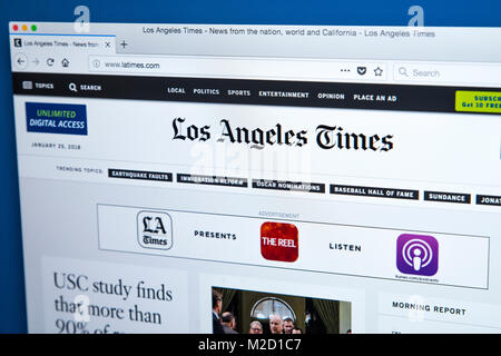 LONDON, UK, 25. Januar 2018: Die Homepage der offiziellen Website für die Los Angeles Times, am 25. Januar 2018. Die Tageszeitung, die b Stockfoto