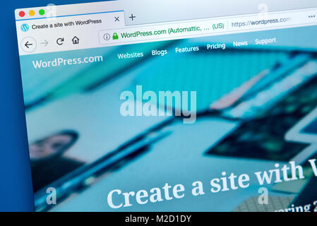 LONDON, UK, 25. Januar 2018: Die Homepage der offiziellen Website für WordPress - die online content management system, am 25. Januar 2018. Stockfoto