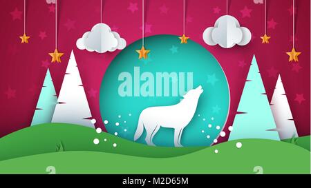 Cartoon Papier Landschaft. Wolf Abbildung. Stock Vektor
