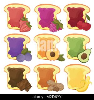 Ein Set von 9 süßen Sandwiches, Schokolade, Banane, Marmelade, Erdnussbutter, Beeren Stock Vektor