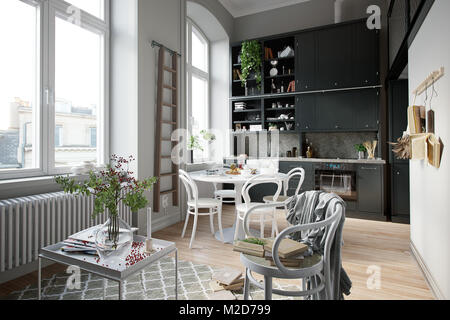3D-Rendering Haus im Innenbereich Küche Zimmer keine Personen, die mit der vollen Ansicht vertikale Raum für Entspannung Stockfoto