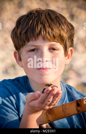 Portrait der Kaukasischen boy Holding Krabbe in der Hand Stockfoto