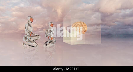 Frauen Roboter hockend in der Nähe von Brain in Cube Stockfoto