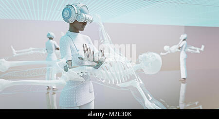 Ärzte tragen virtual reality goggles Prüfung Skelett Stockfoto