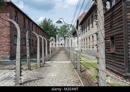 Stacheldrahtzaun und Gefangener Blöcke, KZ Auschwitz, Polen Stockfoto