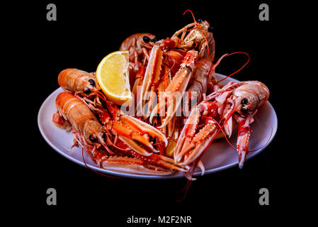 Gekochte Scampi mit Zitrone auf schwarzem Hintergrund Stockfoto