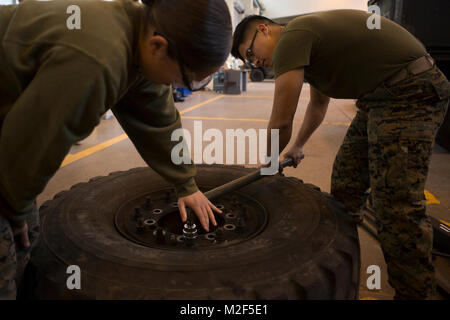 Lance Cpl. Ana Dominguez, Links, und Lance Cpl. Smith Hanson, Motor Transport Betreiber mit Sitz Firma, Hauptsitz Regiment, 3. Marine Logistics Group, die Schrauben eines LKW-Reifens auf Lager Kinser, Okinawa, Japan, Feb 6, 2018 lösen. Die Marines mit Motor Transport Platoon, HQ Co., wurden die Durchführung von routinemäßigen Wartung des Fahrzeugs, das Austauschen von Reifen. Dominguez ist ein Eingeborener von Atlanta, Ga und Hanson ist ein Eingeborener von Springhill, Fla (U.S. Marine Corps Stockfoto