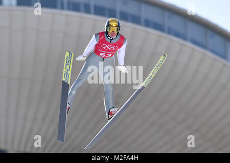 Andreas WELLINGER (GER), Aktion, entsprungen. Skijjumping, Skispringen, Training am 08.02.2018, Olympische Winterspiele 2018, vom 09.02. - 25.02.2018 in PyeongChang/Suedkorea. | Verwendung weltweit Stockfoto