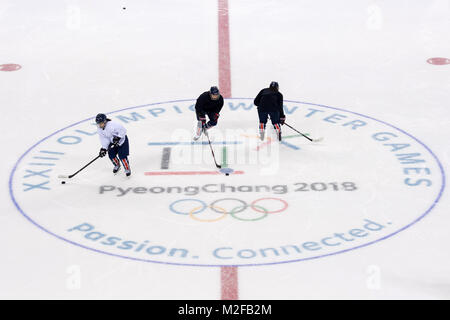 Gangneung, Südkorea. 07 Feb, 2018. Des Vereinigten koreanischen Frauen Eishockey Team Training in der Kwandong Hockey Centre in Tainan, Südkorea, 07. Februar 2018. Eine gemeinsame Olympischen Gruppe aus Süd- und Nordkoreanischen Eishockey Spieler an dem Wettbewerb in Pyeongchang. Die Pyeongchang 2018 Winter Olympics findet zwischen 09. und 25. Februar. Credit: Peter Kneffel/dpa/Alamy leben Nachrichten Stockfoto
