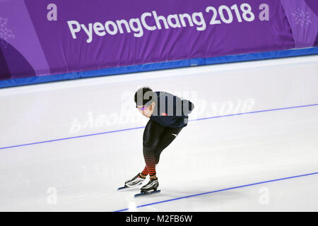 Pyeongchang, Südkorea. 7 Feb, 2018. China's Speed Skater Gao Tingyu Züge vor 2018 PyeongChang Winter-olympischen Spiele bei Gangneung Oval, Südkorea, Feb 7, 2018. Credit: Ju Huanzong/Xinhua/Alamy leben Nachrichten Stockfoto