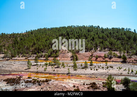 Rio Tinto, ein Fluss, der berühmt für seine tiefrote Farbe aufgrund der hohen Konzentration von Eisensalzen und Sulfate in Wasser. Provinz Huelva, Andalusien, Spanien Stockfoto