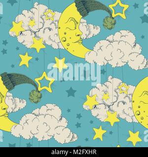 Wolken, Sterne und Crescent Vektor nahtlose Muster Stock Vektor