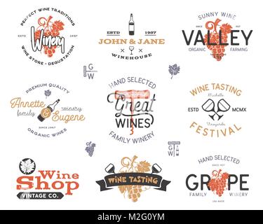 Wein Logos, Etiketten eingestellt. Weingut, Wein Shop, Wein Abzeichen Sammlung. Retro Farben. Typografische Hand gezeichnet Design Illustration. Vektor Embleme und Symbole auf weißem Hintergrund Stock Vektor