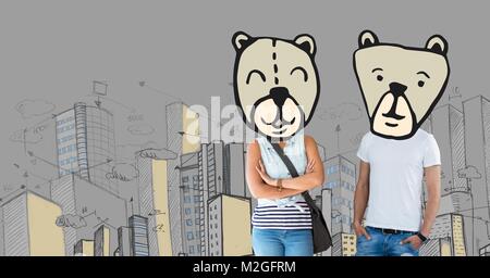Paar mit Bär Tier Kopf Gesichter in der Stadt Stockfoto
