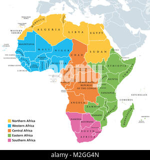 Afrika Regionen politische Landkarte mit einzelnen Ländern. Vereinten Nationen geoscheme. Nord-, West-, Zentral-, Ost- und Südafrika. Stockfoto