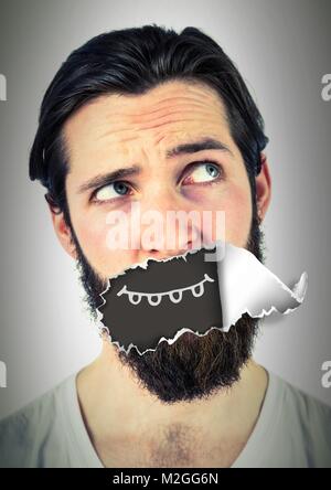 Mann mit zerrissenem Papier auf Mund und Cartoon Mund Stockfoto