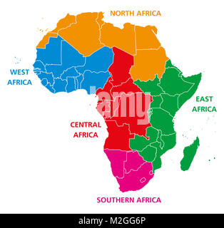 Regionen in Afrika. Politische Karte. Vereinten Nationen geoscheme mit einzelnen Ländern. Nord-, West-, Zentral-, Ost- und Südafrika in verschiedenen Farben. Stockfoto