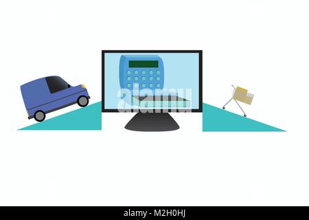Abbildung: Lieferung Lkw fahren zu computer monitor, wo Käufer zahlt auf cashpoint und Einkaufswagen Bildschirm blättern, Vektor der Online shopping Stock Vektor