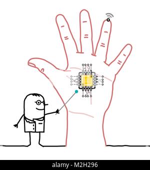 Cartoon Arzt mit einem Mikrochip Implantat in der Hand Stock Vektor