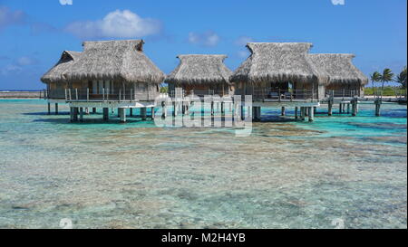 Tropische Bungalows mit Strohdach über dem Meer in der Lagune, Tikehau Atoll, Tuamotus, Französisch Polynesien, Pazifik, Ozeanien Stockfoto