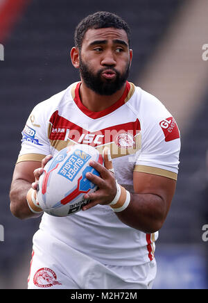 Katalanen Drachen Samisoni Langi, während der Betfred Super League match Am wählen Sie Sicherheit aus, Stadion, Widnes PRESS ASSOCIATION Foto. Bild Datum: Sonntag, Februar 4,2018. Siehe PA Geschichte RUGBYLWidnes. Foto: Martin Rickett/PA-Kabel. Stockfoto