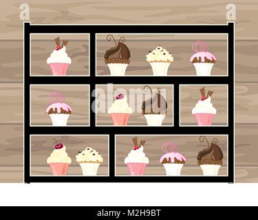 Ein Vektor Abbildung im EPS 10 Format eines Schwarzen zeitgenössische Kuchen stand mit benutzerdefinierten Kuchen für den Nachmittagstee mit holzbrett Hintergrund Stock Vektor