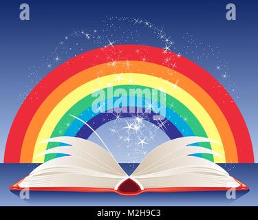 Ein Vektor Abbildung im EPS 10 Format von einem magischen Buch mit weißen Seiten funkelt und ein Regenbogen auf dunkelblauem Hintergrund Stock Vektor