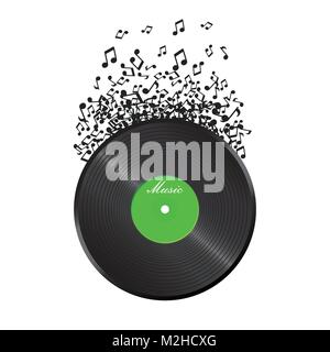 Schallplatte mit fliegenden sound Hinweis. Music Disk Vector Illustration. Ton aufnehmen. Stock Vektor