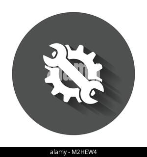 Service Werkzeuge flach Vektor icon. Zahnrad mit Schraubenschlüsselsymbol logo Illustration auf schwarzen Hintergrund mit langen Schatten. Stock Vektor