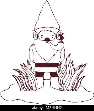 Gnome aus den Büschen mit Rauchen Rohr in Braun gepunkteten Silhouette Stock Vektor