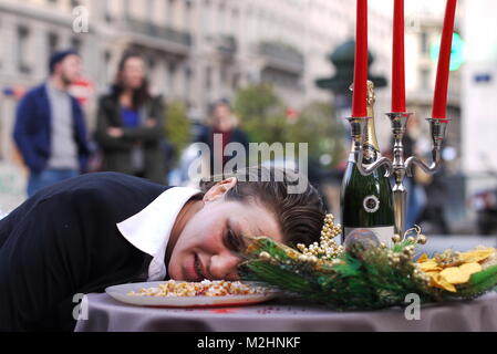 L 214 vegane Aktivisten protestieren gegen Foie gras und Kraft Stopfen von Gänsen, Lyon, Frankreich Stockfoto