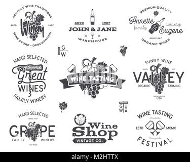 Wein Logos, Etiketten eingestellt. Weingut, Wein Shop, Wein Abzeichen Sammlung. Retro trinken Symbol. Typografische Hand gezeichnet Design Illustration. Vektor e Stock Vektor