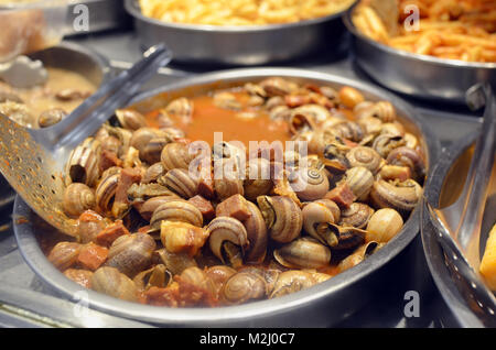 Essbare Schnecken geschmort in Weinsoße mit Gemüse und Speck, weiche Kunst Fokus Essen backfround Stockfoto