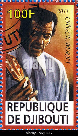 Dschibuti - ca. 2011: eine Briefmarke in der Republik Dschibuti, Chuck Berry, ca. 2011 gedruckt Stockfoto