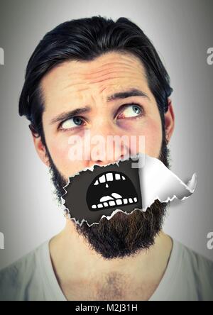 Sorgen Mann mit zerrissenem Papier auf Mund und Cartoon Mund Stockfoto